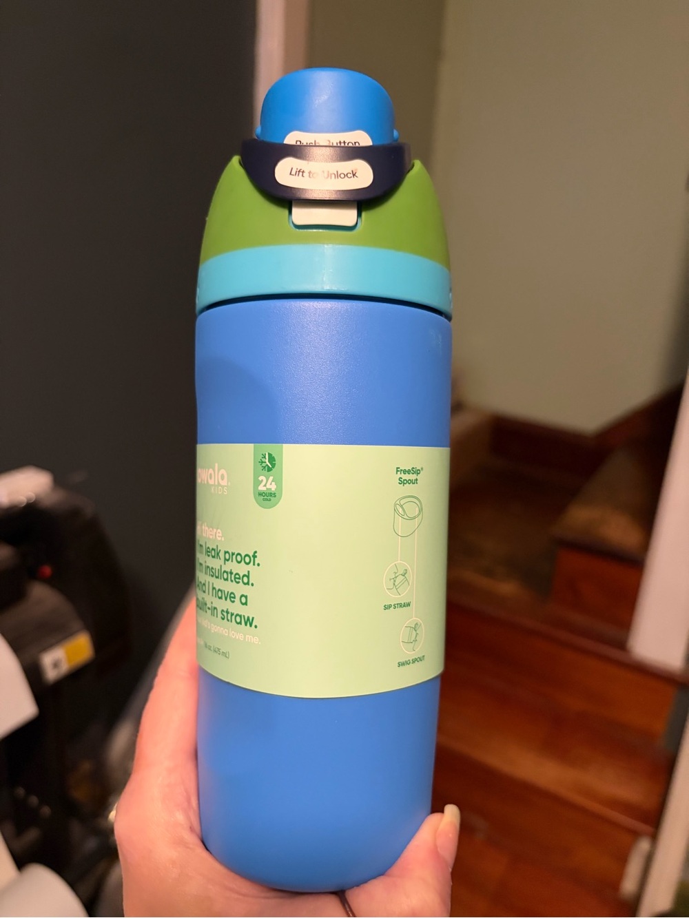 Owala Blue and Green Insulated Water Bottle with Flip Spout